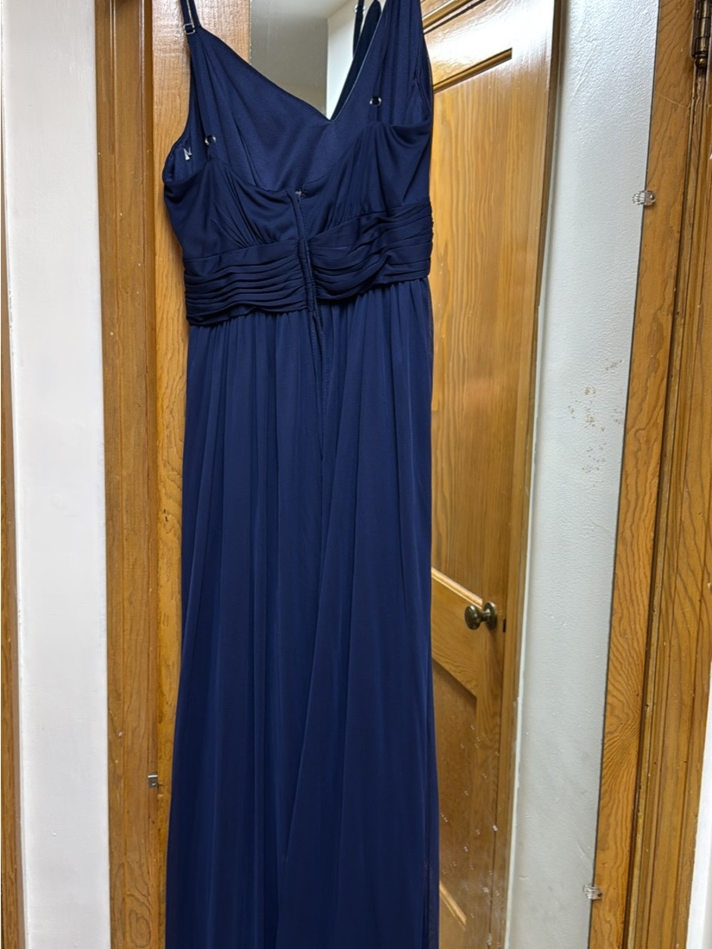David's Bridal Navy V-Neck Pleated Waist Maxi Gown